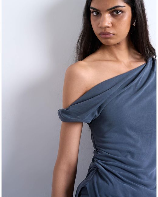 TOPSHOP Blue Cupro Twist Detail Bardot Asymmetric Tunic Top