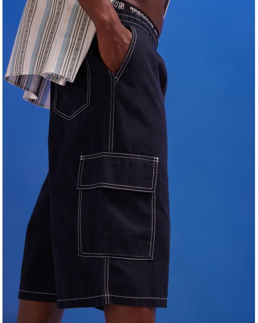 Pantalones cortos cargo con pespuntes en contraste ASOS de hombre de color Blue