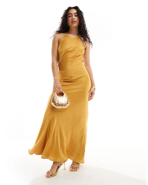 TFNC London Orange Bridesmaids Satin Maxi Dress With Tie Back And Button Detail