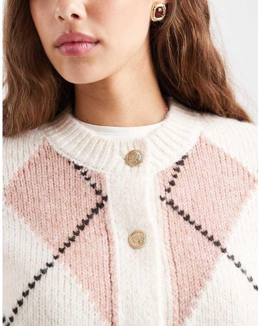 New Look Natural Argyle Crew Neck Cardigan