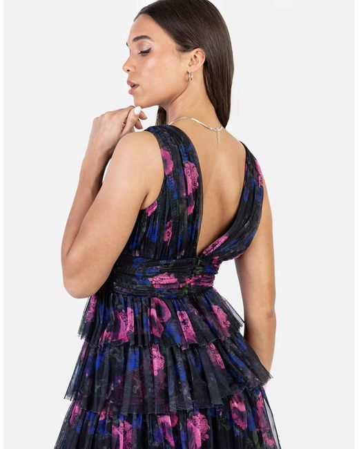 ANAYA Blue Floral Plunge V Neck Tiered Tulle Maxi Dress