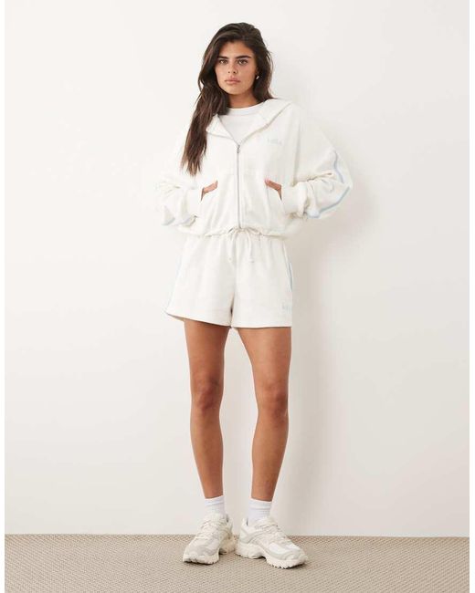 Kaiia Natural Cotton Rich Embroidered Logo Oversized Zip Up Side Stripe Towelling Hoodie Co-ord