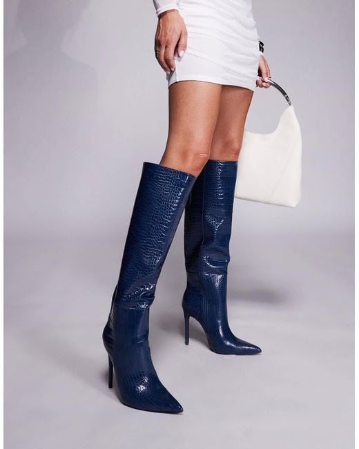 Public Desire Blue Nova Pointed Toe High Heeled Knee Boots