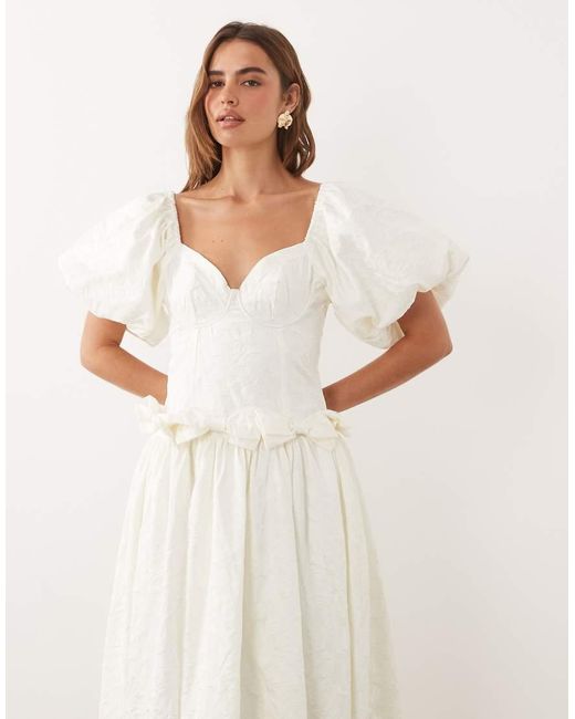 Sister Jane Natural Dream Mora Jacquard Sweetheart Neckline Puff Sleeve Bow Detail Maxi Dress