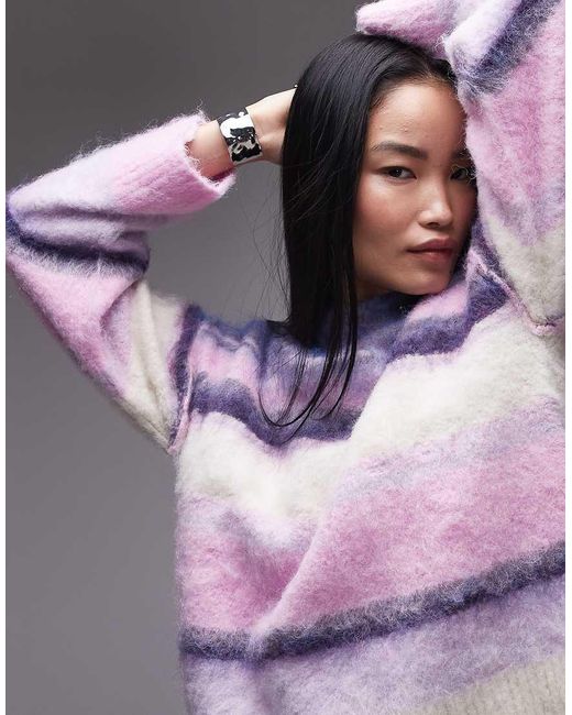 TOPSHOP Purple Knitted Fluffy Stripe Relaxed Jumper