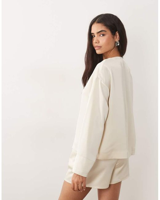 Pretty Lavish Natural Breya Satin Button Up Deep Cuff Blouse