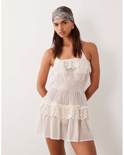 Miss Selfridge Natural Beach Lace Shirred Bandeau Mini Dress