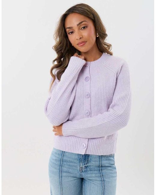 Threadbare Purple Chunky Knit Crew Neck Cardigan