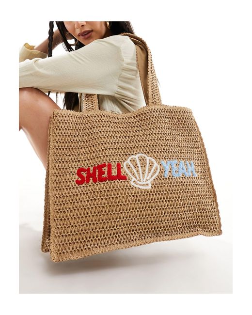 South Beach Natural Shell Yeah Embroidered Woven Shoulder Tote Bag