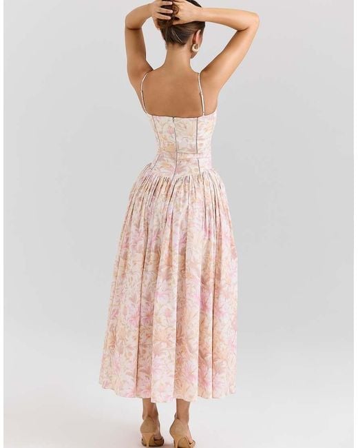 House Of Cb Pink Ysabella Peach Floral Print Stretch Cotton Midi Sundress