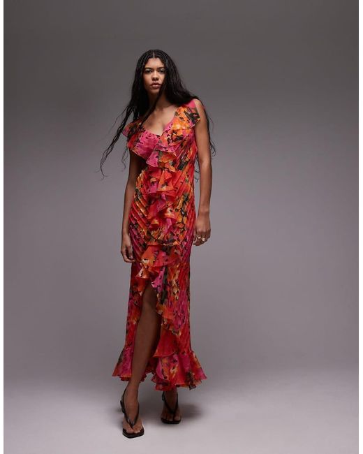 TOPSHOP Red Premium Ruffle Pintuck Gown