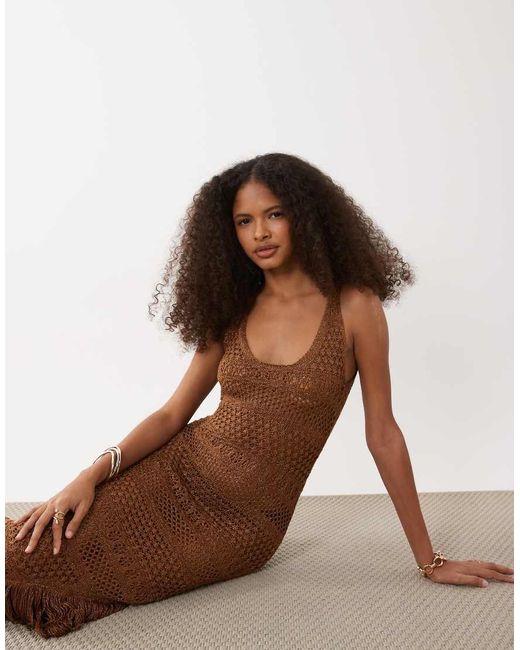 River Island Brown Metallic Fringed Asymmetric Knitted Midi Dress