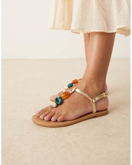 ASOS Natural Feud Toe Post Flat Sandals With Stones