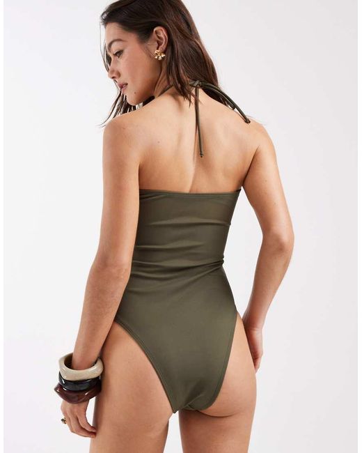 4th & Reckless Green Bandeau Halterneck Gem Detail Cutout High Leg Swimsuit