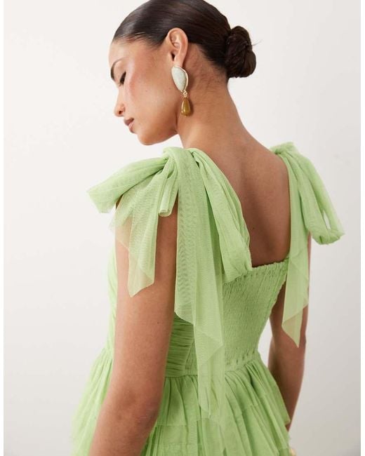 LACE & BEADS Green Ophelia Tie Sleeve Ruched Tiered Mini Dress