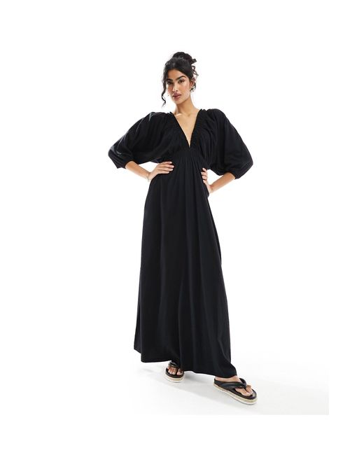 ASOS Black Plunge Elastic Tea Midi Dress With Ruched Waist