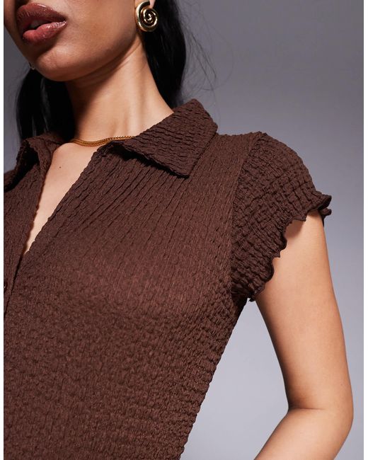 ASOS Brown Textured Button Up Short Sleeve Top