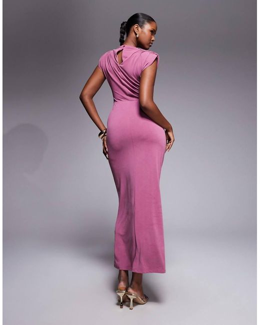 ASOS Pink Modal Sleeveless Shoulder Pad Ruched Midi Dress