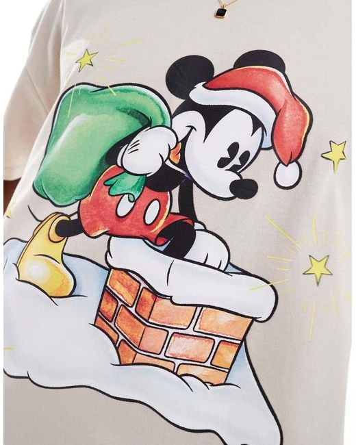 ASOS Disney Christmas Boxy Oversized T shirt With Mickey Mouse Prints in Natural Lyst UK