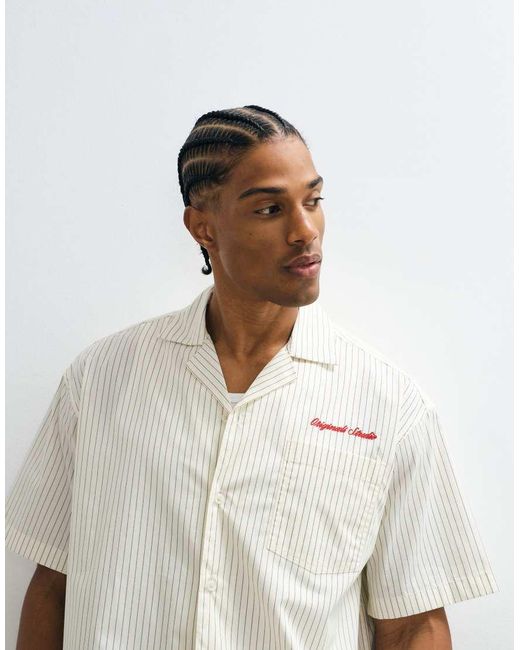 Jack & Jones Natural Short Sleeve Stripe Poplin Shirt With Embroidery for men