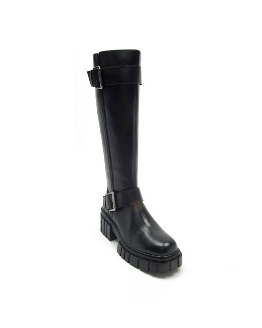 OFF THE HOOK Black Finchley High Leg Buckle Strap Leather Zip Biker Boots