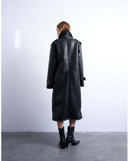 TOPSHOP Black Longline Oversized Aviator Teddy Coat