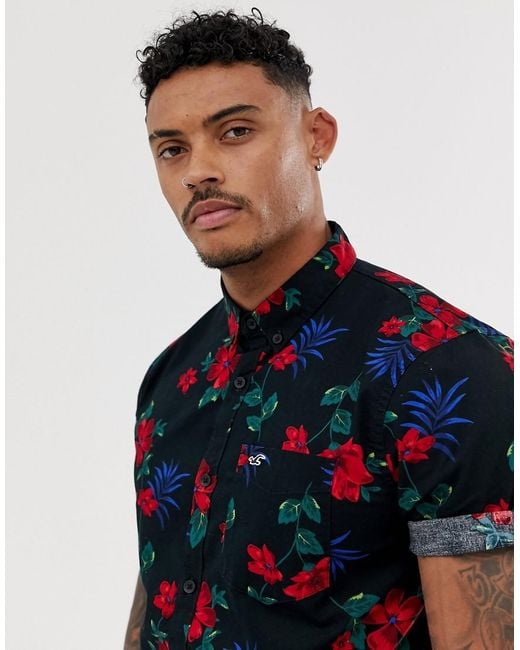 Hollister Floral Print Short Sleeve Poplin Shirt Slim Fit in Black