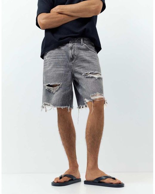 Pull&Bear Gray Straight-Leg Denim Bermuda Shorts for men