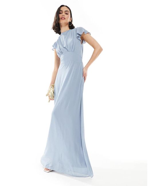 TFNC London Blue Bridesmaid Flutter Sleeve Cowl Back Chiffon Maxi Dress