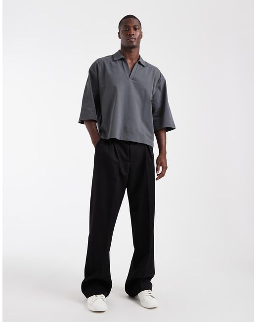ASOS Black Heavyweight Boxy Oversized Polo With Half Sleeve for men