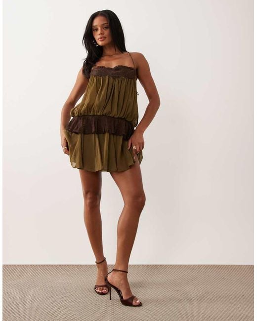 ASOS Brown Cami Mini Dress With Lace Detail And Ruffle Skirt