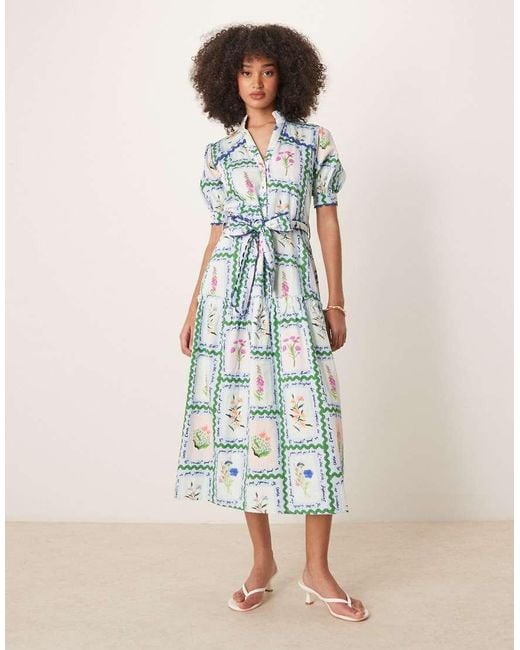 Hope & Ivy Blue Button Front Midi Dress With Tiered Skirt And Tie Waist