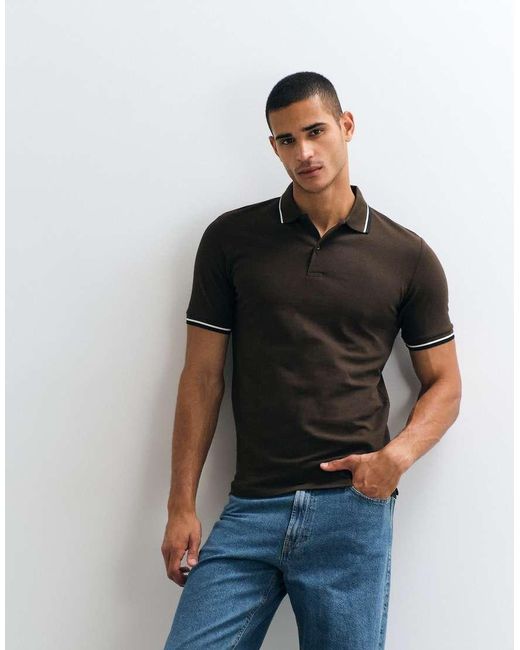 SELECTED Blue Tipped Collar Short Sleeve Polo for men