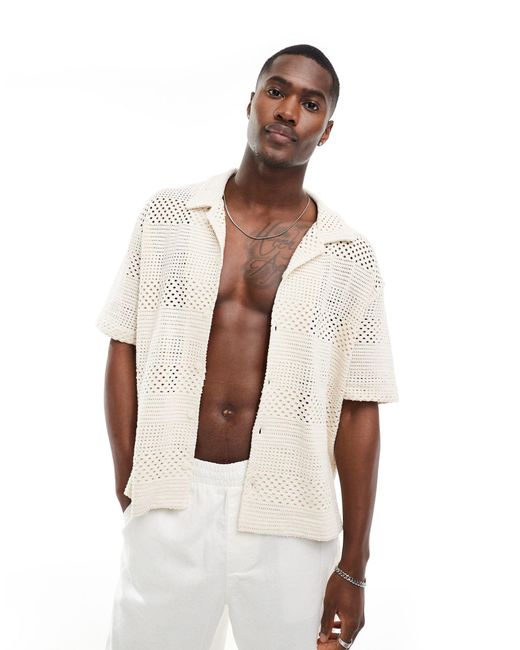 Bershka White Crochet Textured Shirt for men