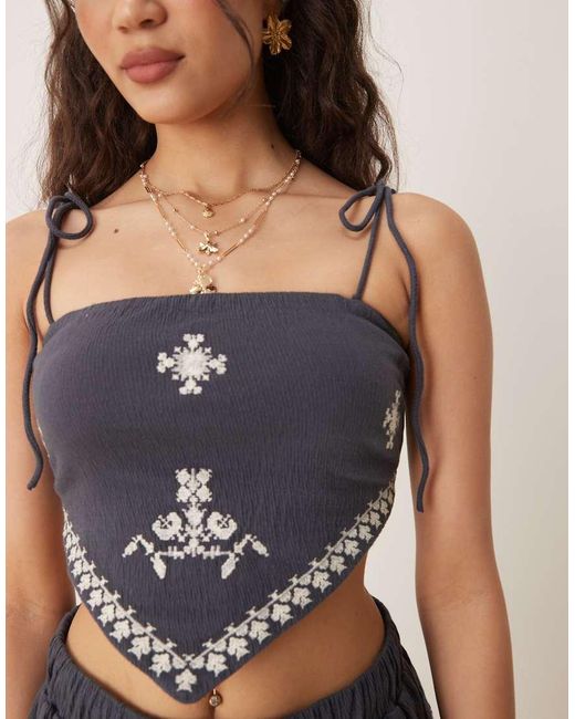 ASOS Blue Co-ord Crinkle Embroidered Tie Shoulder Cami Top