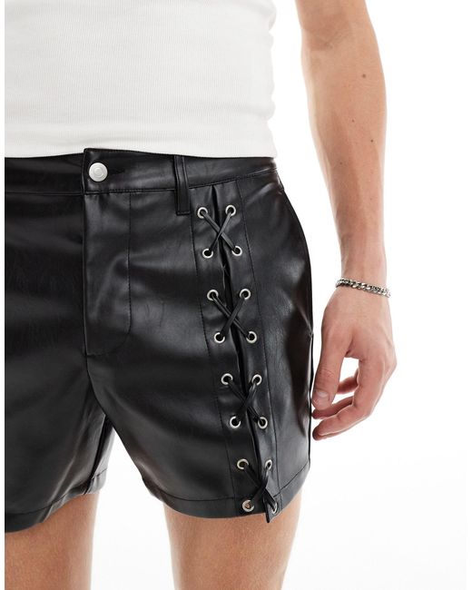 ASOS Black Slim Leather Look Shorts With Lace Up Details for men