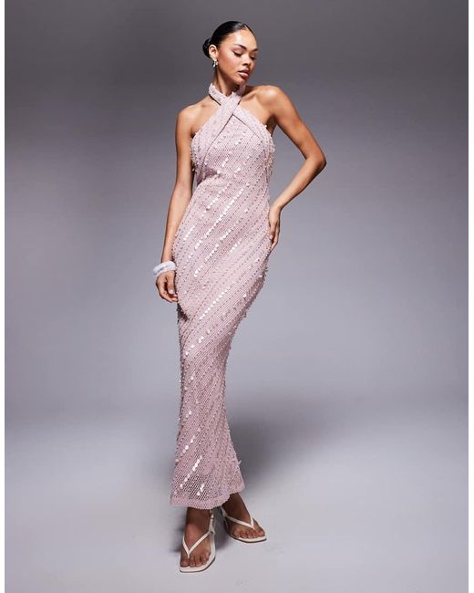 Vestido Largo Cruzado En La Parte Delantera De Croché Con Adornos De Lentejuelas Y Perlas De ASOS de color Purple