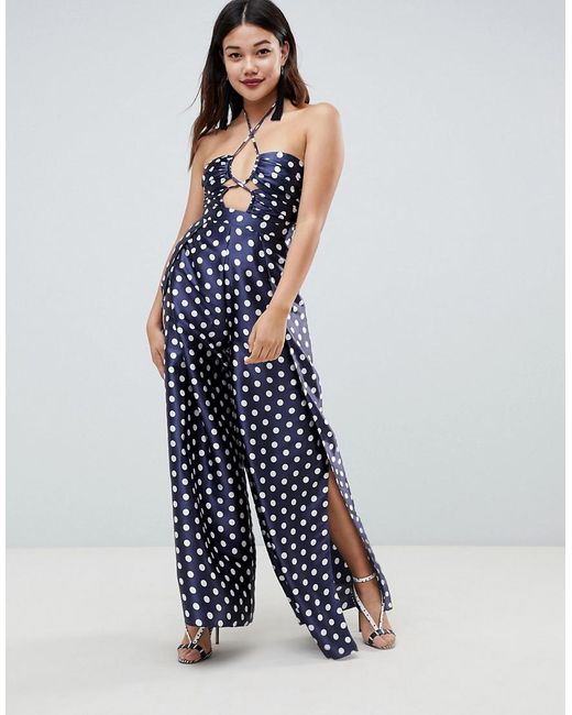 ASOS Blue Jumpsuit With Cut Out Detail And Halterneck In Satin Polka Dot