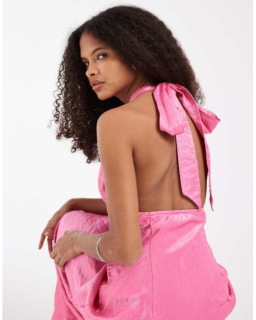 Pieces Pink Halterneck Satin Shimmer Maxi Dress