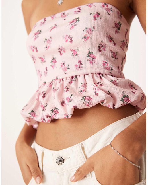 ASOS Pink Textured Ruched Bandeau Top With Bubble Hem