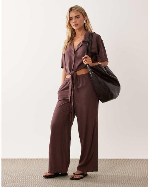 JDY Petite Brown Tie Front Linen Mix Shirt