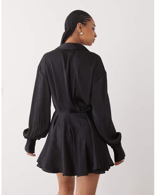 Monki Black Long Sleeve Crinkle Satin Shirt Dress With Floaty Skirt