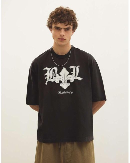 Bershka Black Boxy Fit Waffle-knit T-shirt for men