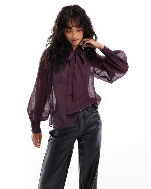 Nobody's Child Purple Goldie Sheer Blouse With Bow Detail