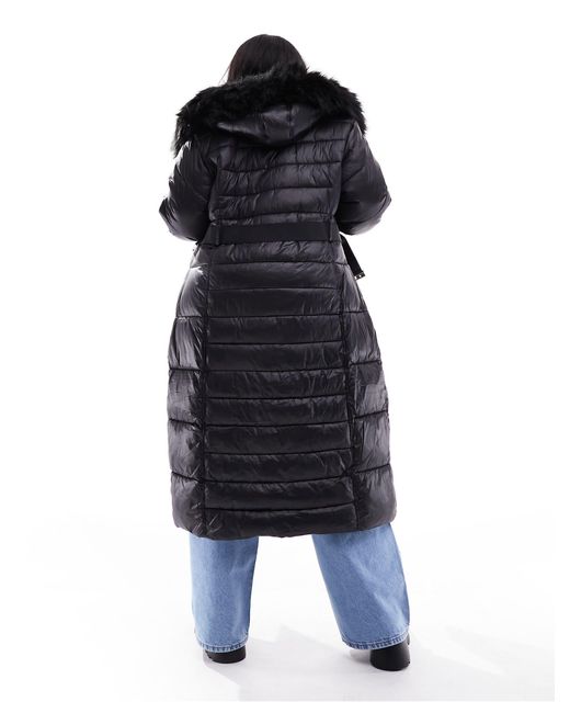 River Island Blue Maxi Belted Puffer With Faux Fur Hood