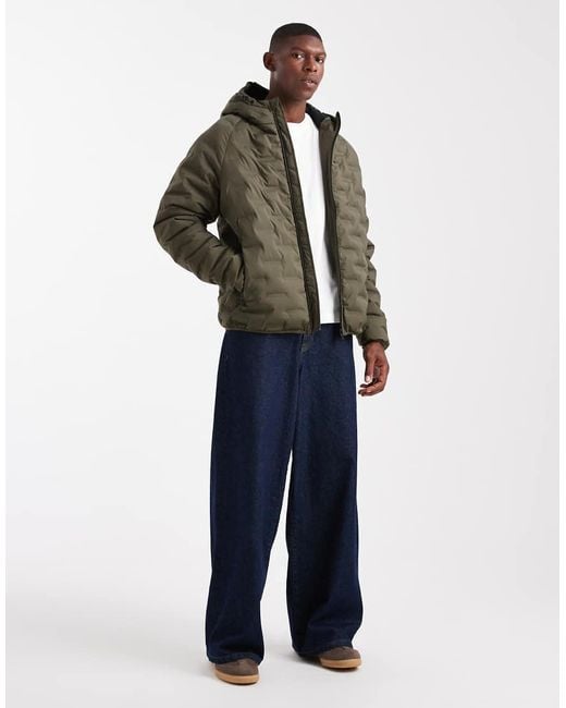 Threadbare Green Textured Puffer Coat With Hood for men