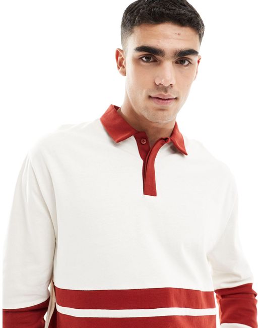 ASOS White Relaxed Heavyweight Long Sleeve Rugby Polo With Cut And Sew Panels for men
