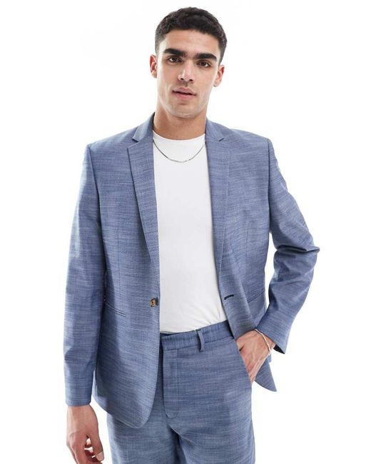 ASOS Slim-Fit Colbert Met Linnen-Look in het Blue voor heren