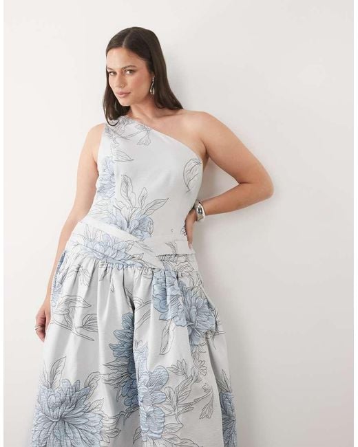 ASOS Blue Curve Jacquard Maxi Dress With One Shoulder Detail