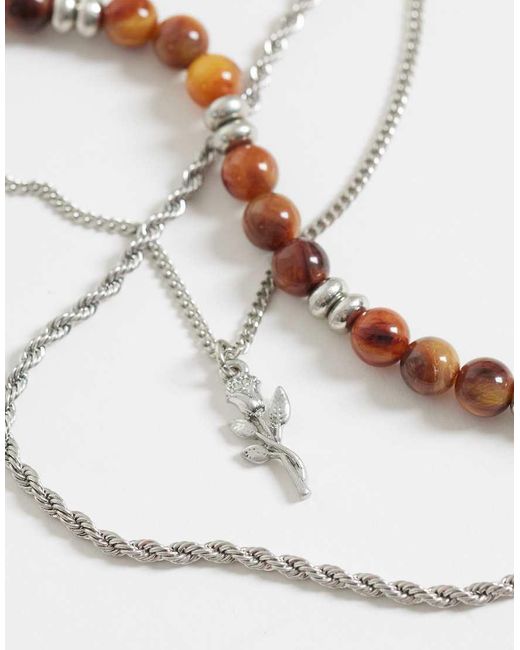 ASOS White 3 Pack Faux Tiger's Eye Beaded Rose Pendant Necklace for men